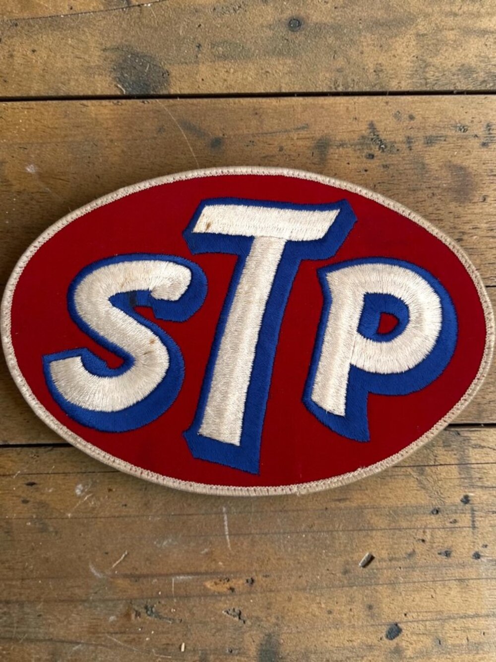 Vintage STP Oval Embroidered Patch Red White Blue Retro Racing Logo